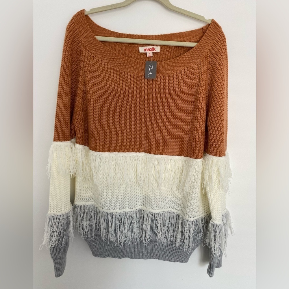 NWT MAZIK Women's Marni Sweater Size Medium Brown Gray Stripe Fringe Knit Boho‎